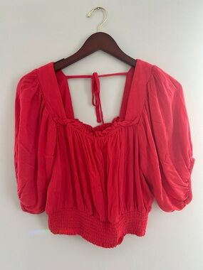 Band of the Free Square-Neck Red Peasant Blouse with Puff Sleeves